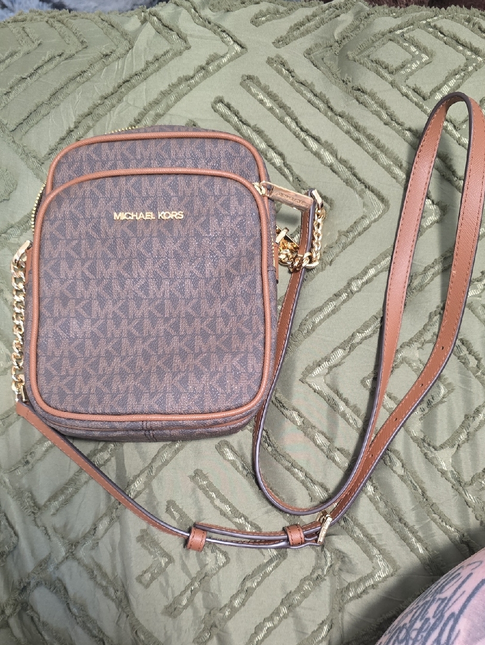 Michael Kors Brown Logo-Print Crossbody with Gold Hardware